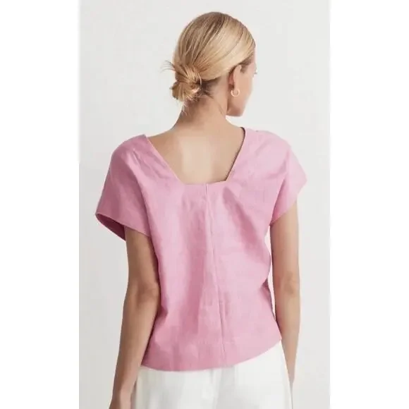 MADEWELL Linen Square Back Crewneck Top Short Sleeve Shirt Light Pink size XL - Picture 3 of 16
